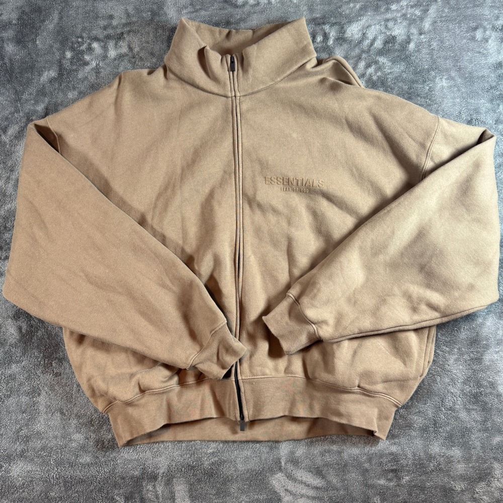Fear of God Essentials Full Zip Fleece Track Jacket Tan XL Mock Neck Boxy Fit